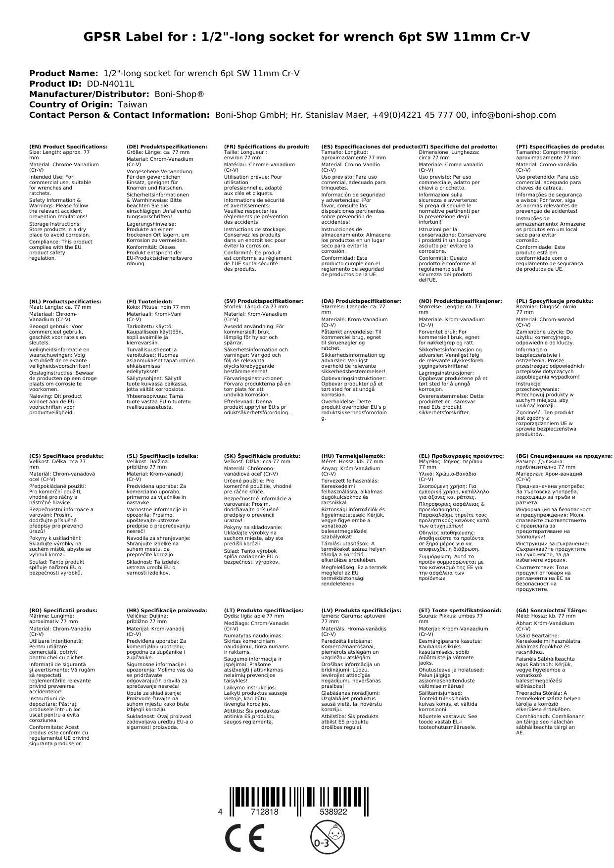Stecknuss 1/2 Zoll, Langnuss 11mm, Cr-V, 6pt