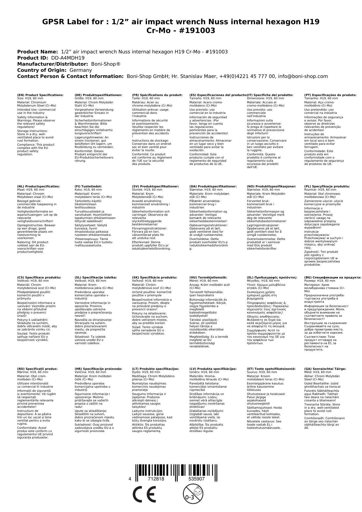 Schlagschraubernuss, 1/2 Zoll Innensechskant H19, Cr-Mo, Industriequalität