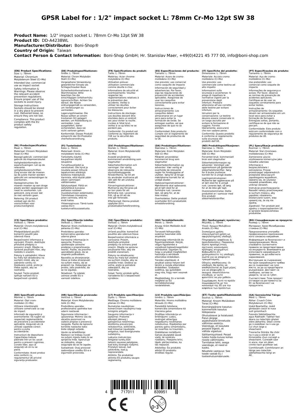 Schlagschraubernuss 1/2 Zoll, 38mm Nuss, Cr-Mo, 12-Kant