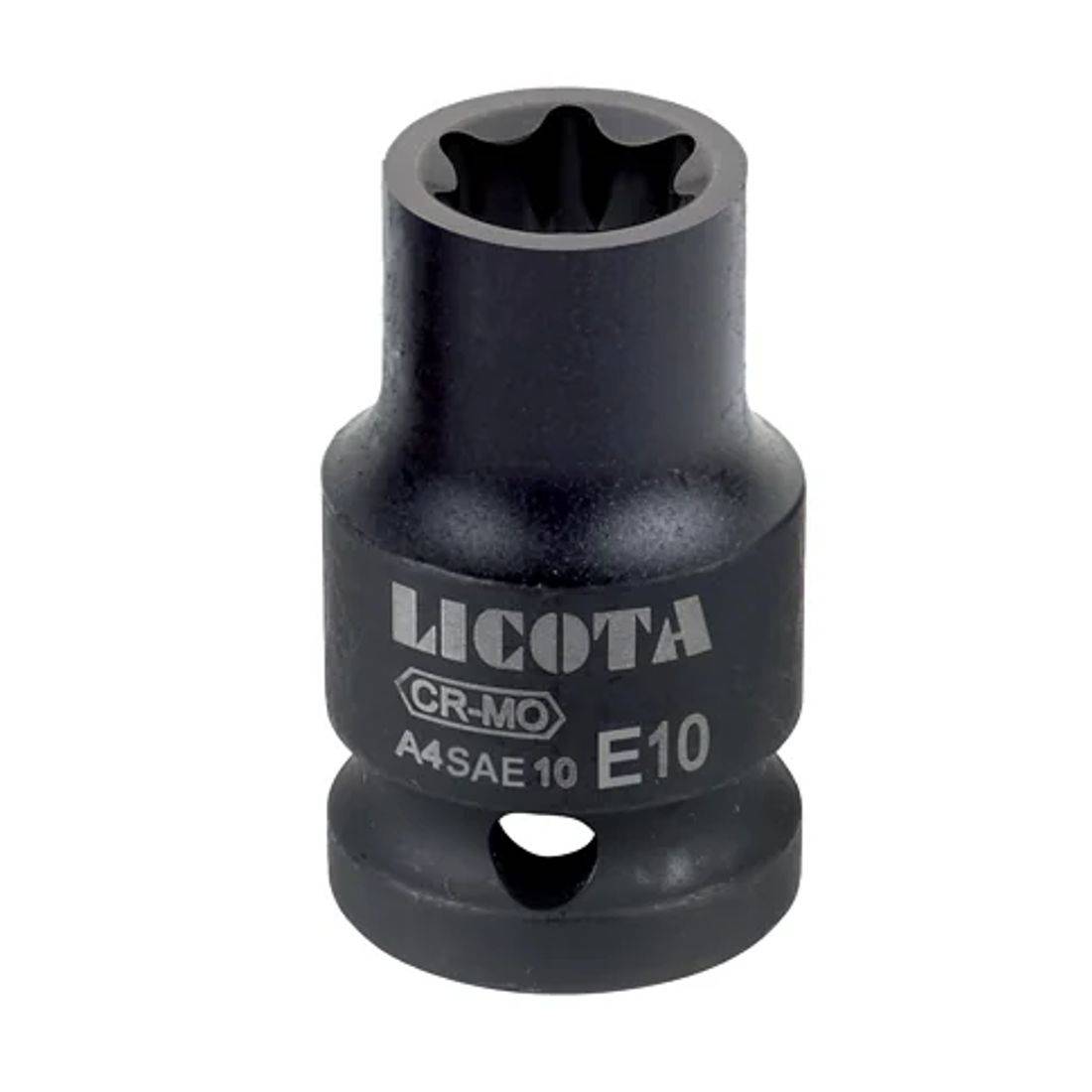 Eine Steckdose mit der Bezeichnung 'Licota, CR-MO, A4SAE10, E10', konstruiert zum Festziehen oder Lockern von E10 Torx-Kopfschrauben.