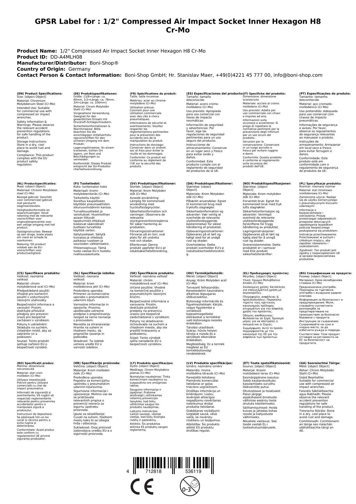 Schlagschrauber Nuss 1/2 Zoll, Innensechskant H8, Cr-Mo Stahl