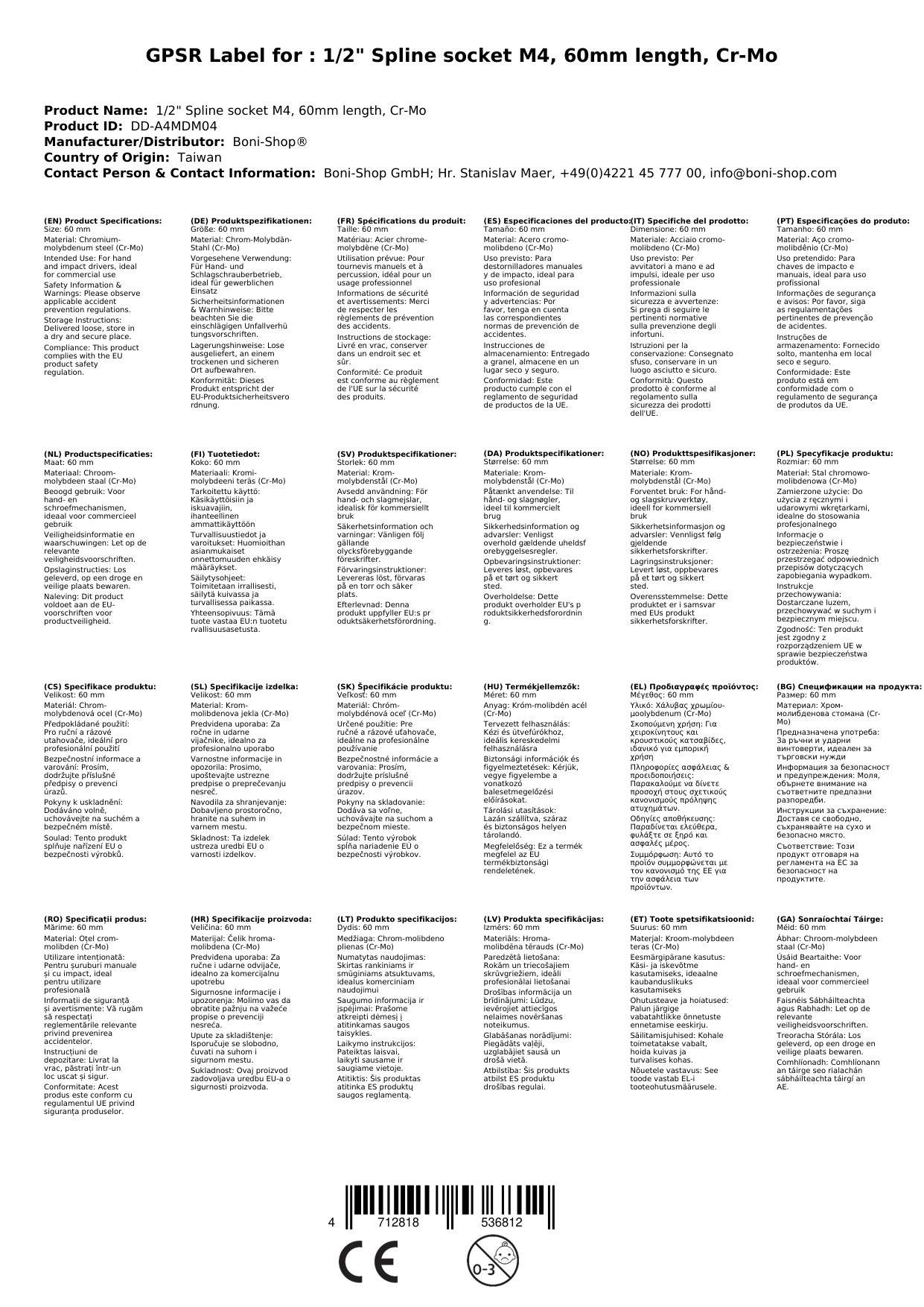 1/2 Zoll Vielzahn Nuss, M4 Nuss, Spline Bit, 60mm Cr-Mo