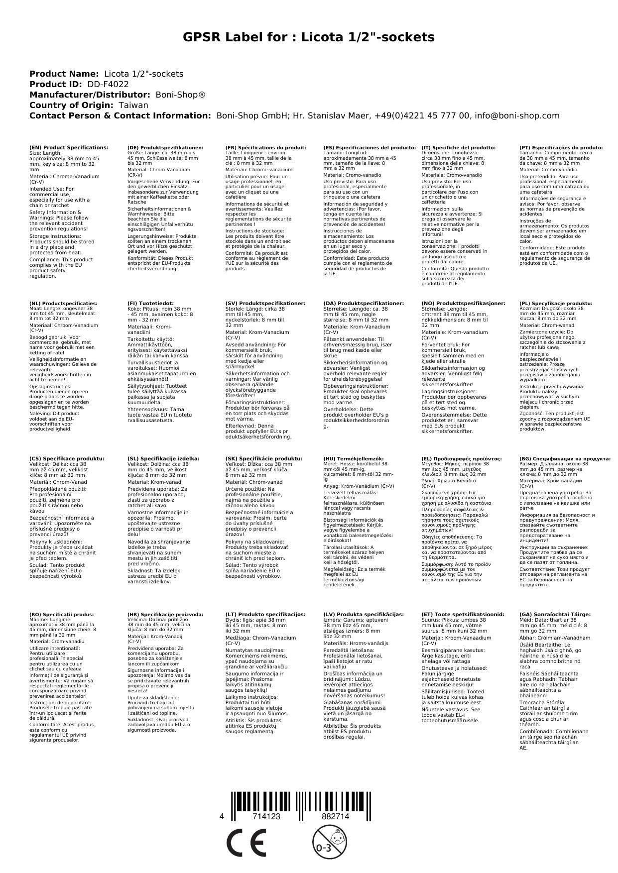 Stecknuss 1/2 Zoll, 22mm Stecknuss, Cr-V Werkzeug Nuss