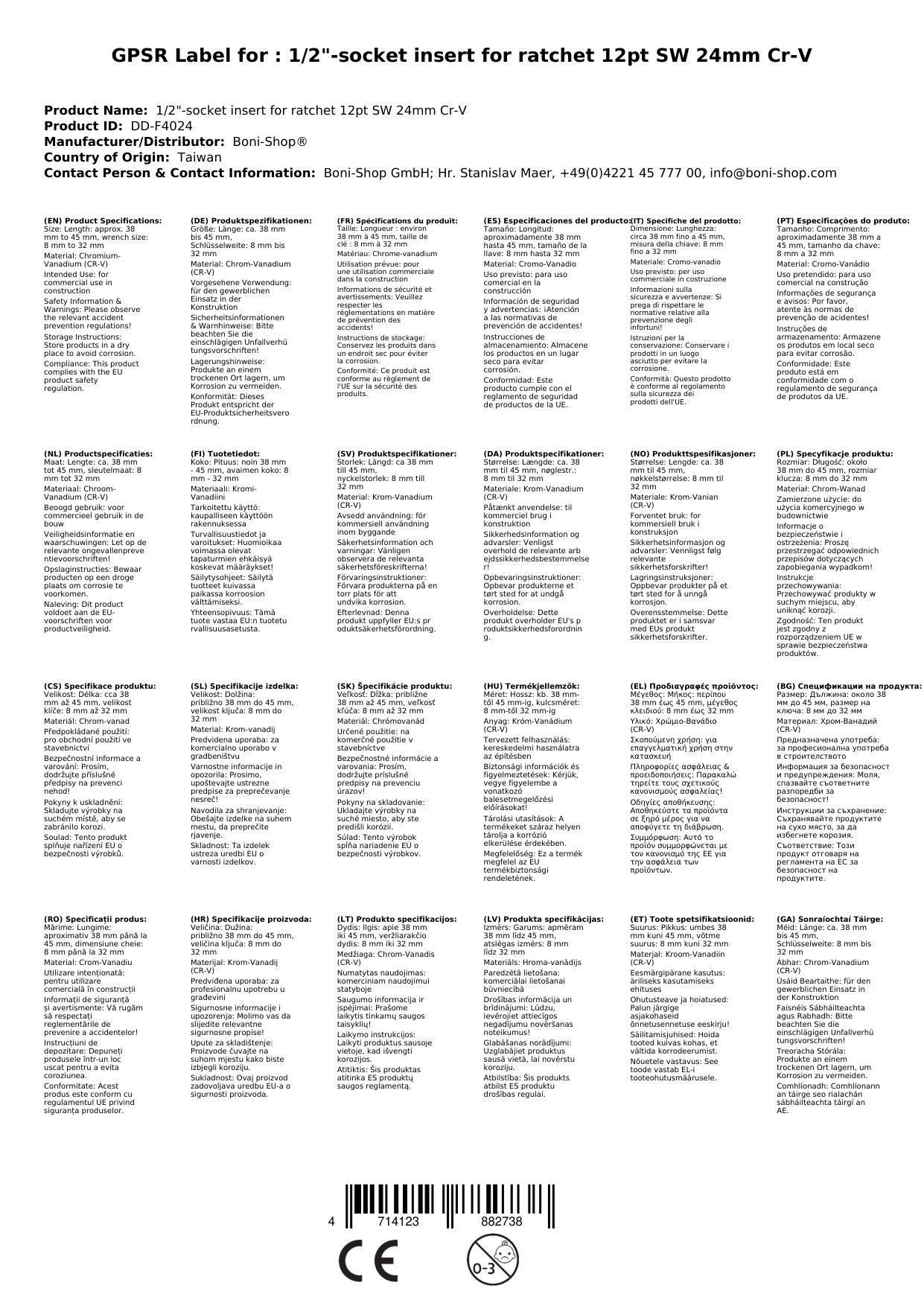 Stecknuss 1/2 Zoll, 24mm Nuss, Cr-V, 12-Kant, für Ratsche