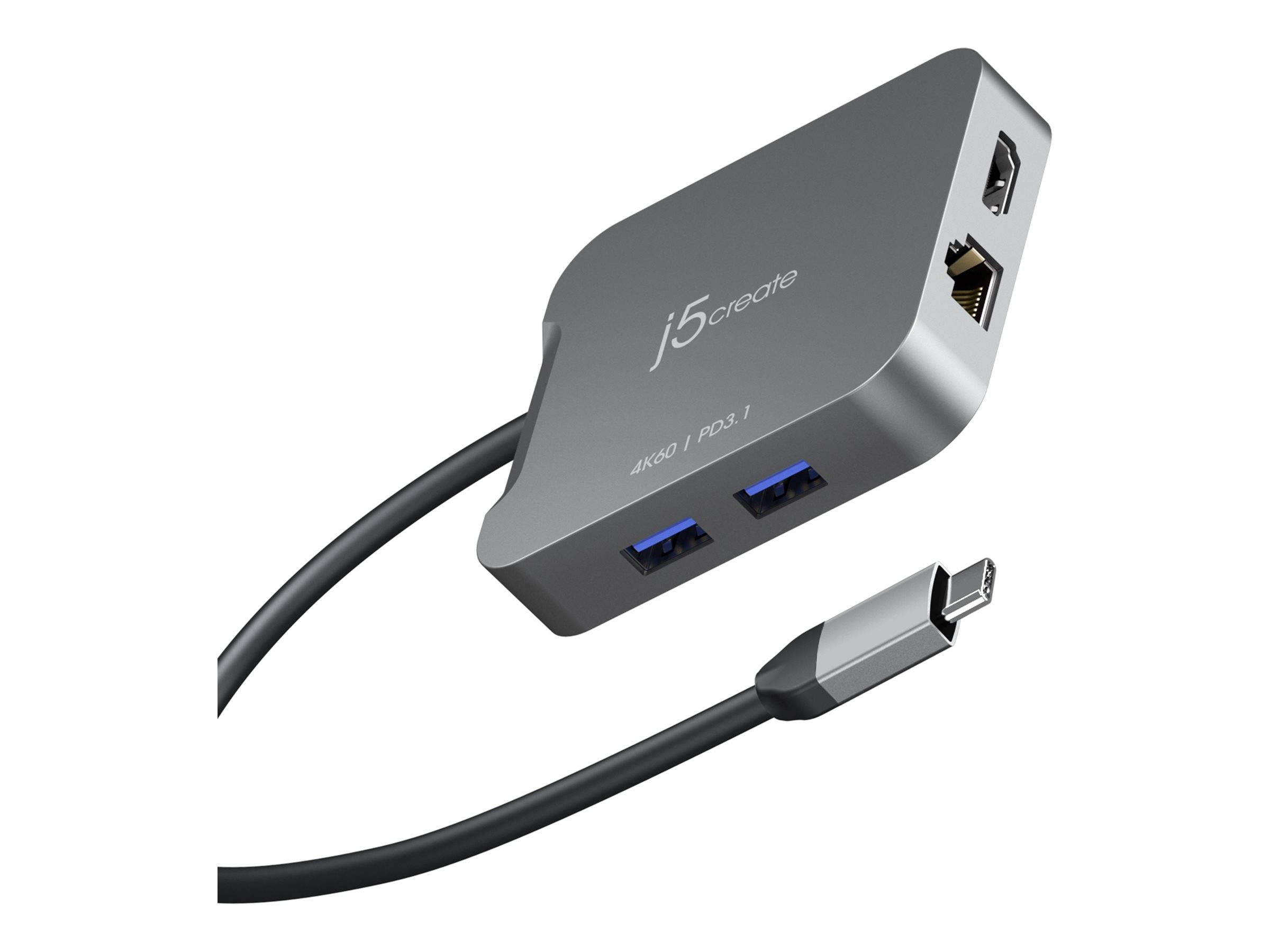 J5create USB-C Hub mit Ethernet, USB-Anschlüssen, HDMI und angeschlossenem USB-C-Kabel auf weißem Hintergrund