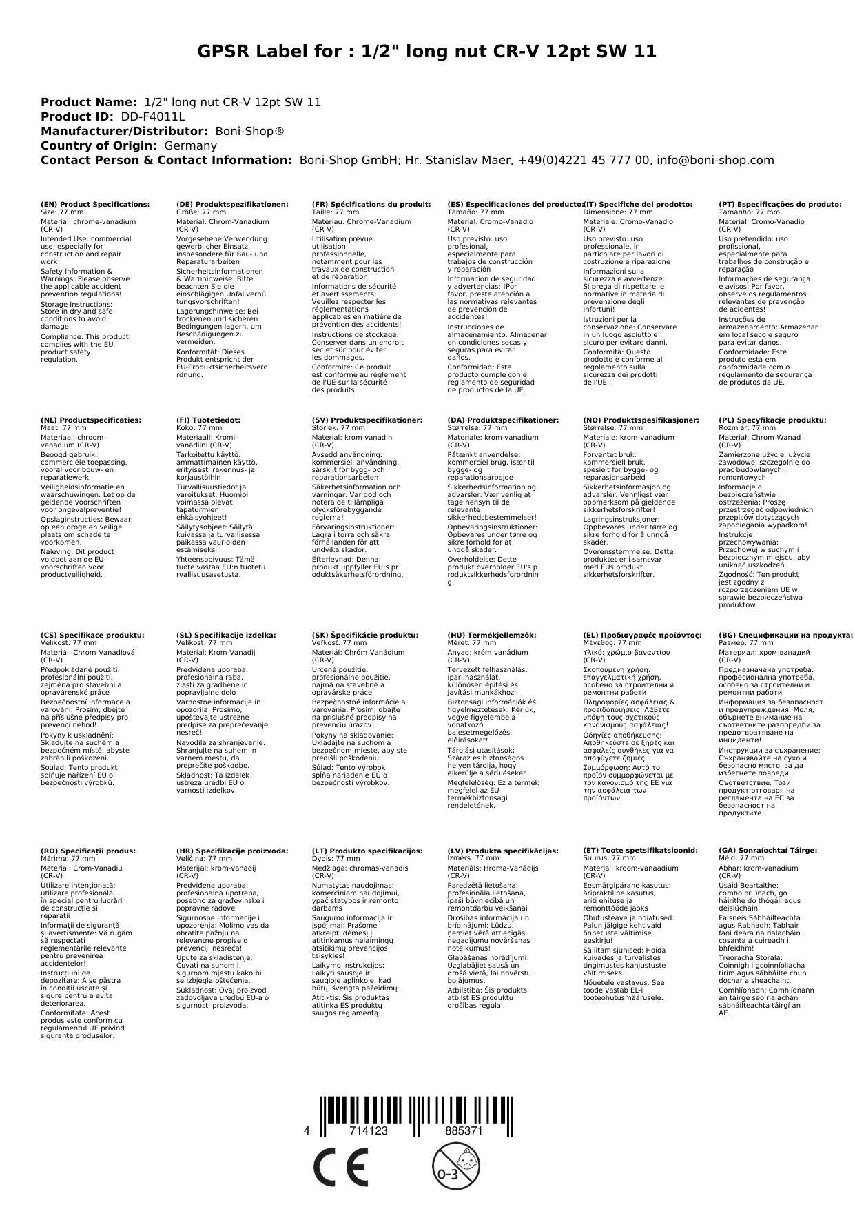 Stecknuss 1/2 Zoll, Langnuss 11mm, CR-V, Profi