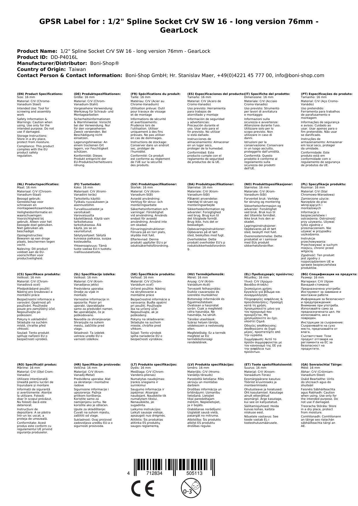 1/2 Zoll Vielzahn Nuss, 16mm Nuss, , lang, GearLock, CrV, 76mm
