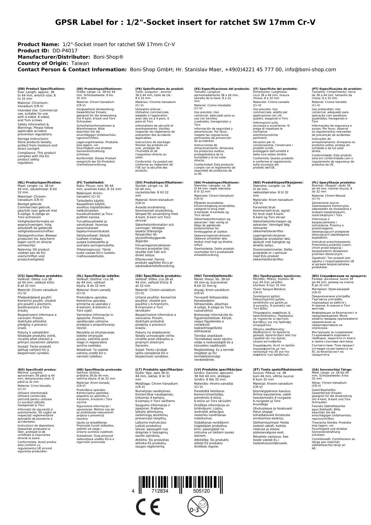 Stecknuss 1/2 Zoll, Spline Einsatz, Knarre, 17mm, Cr-V