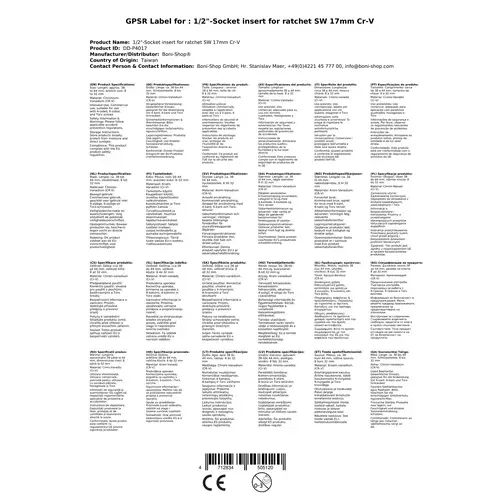 Stecknuss 1/2 Zoll, Spline Einsatz, Knarre, 17mm, Cr-V Stecknuss 1/2 Zoll, Spline Einsatz, Knarre, 17mm, Cr-V