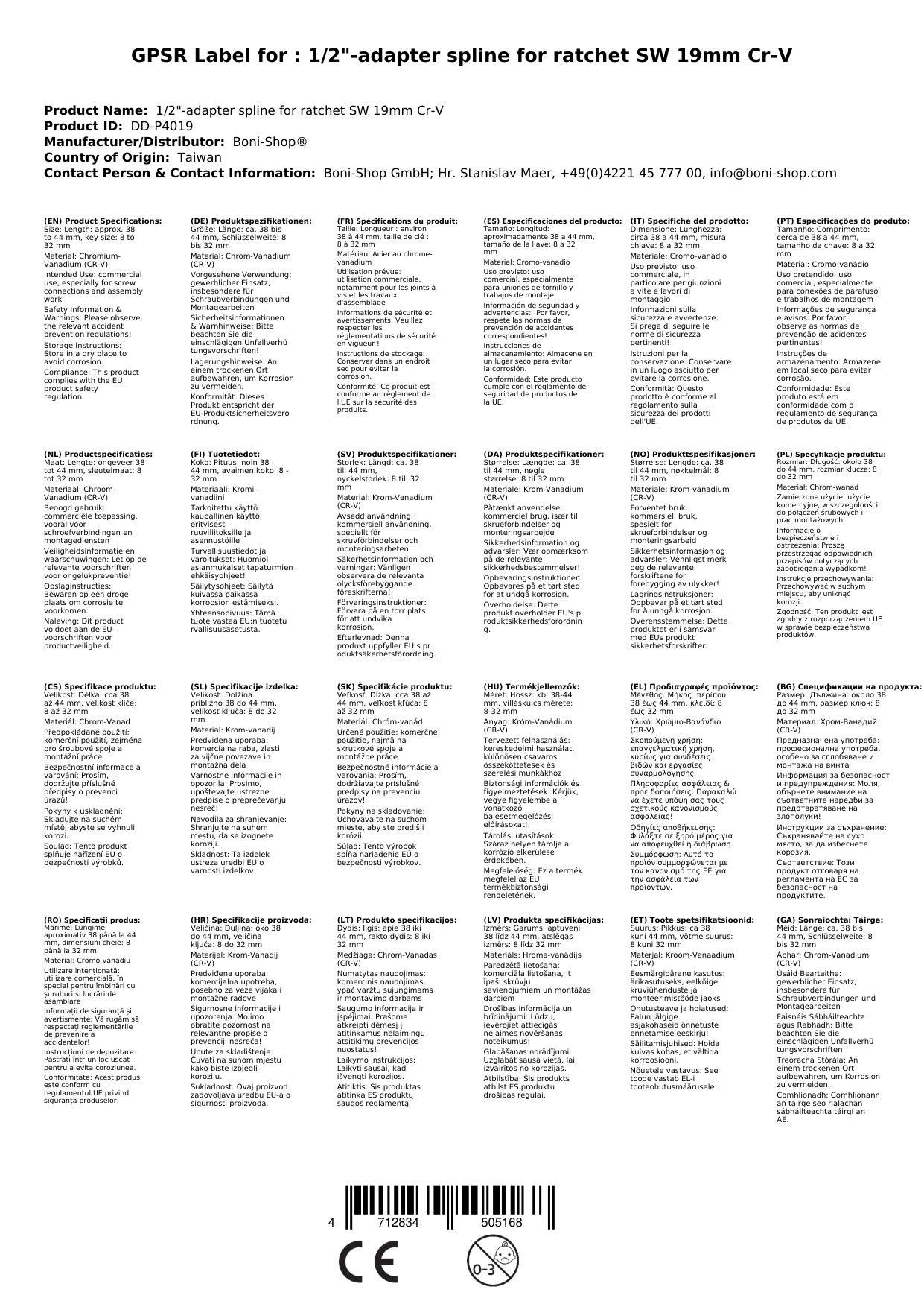 Stecknuss 1/2 Zoll, Stecknuss 19mm, Spline Einsatz, Cr-V, Knarre, Ratsche