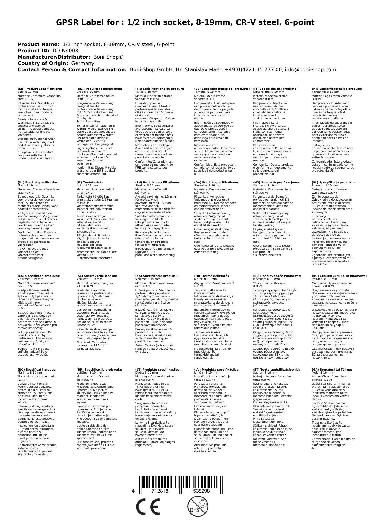 Stecknuss 1/2 Zoll, 8mm Langnuss, 77mm, CR-V, 6-Kant, Profi Qualität