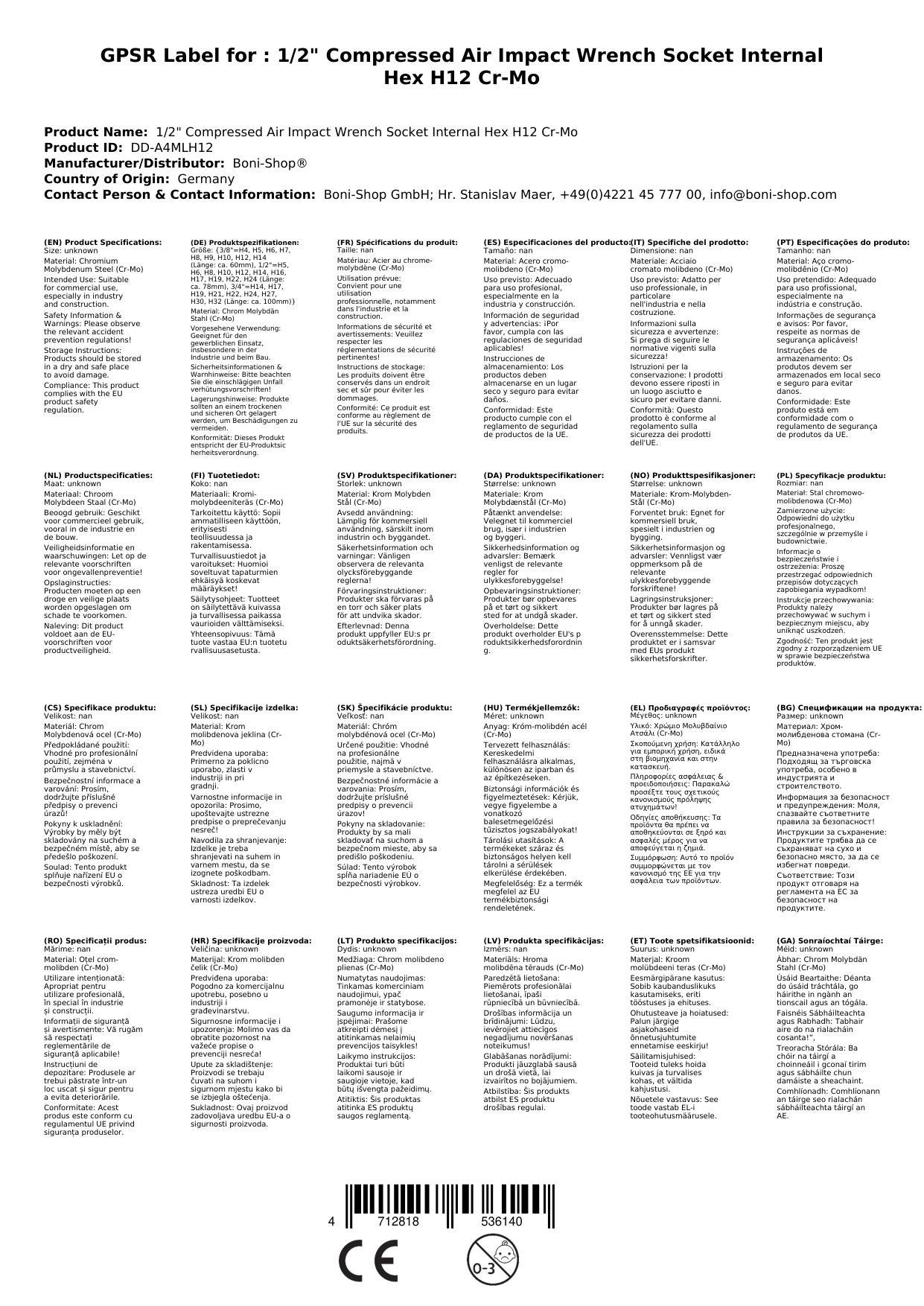Schlagschraubernuss, Druckluft Schlagschrauber Nuss, Innensechskant Nuss, 1/2 Zoll Cr-Mo H12