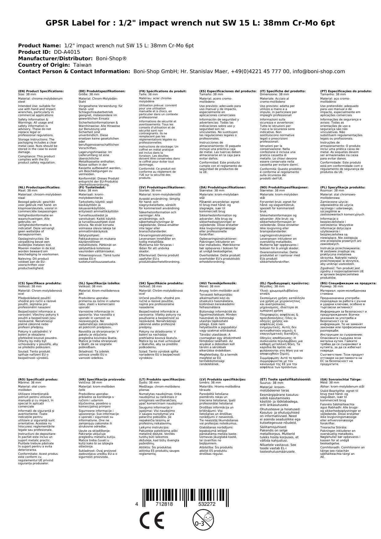 Schlagschraubernuss, 1/2 Zoll, 15mm, Cr-Mo, 6-kant, Stecknuss