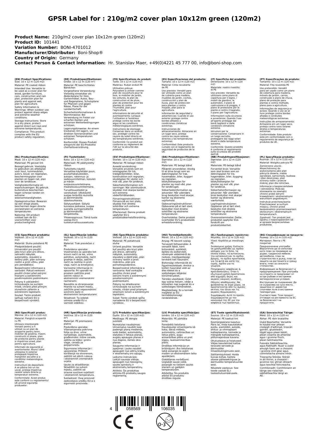 Abdeckplane 10x12m, grün, wasserdicht, 210g/m²