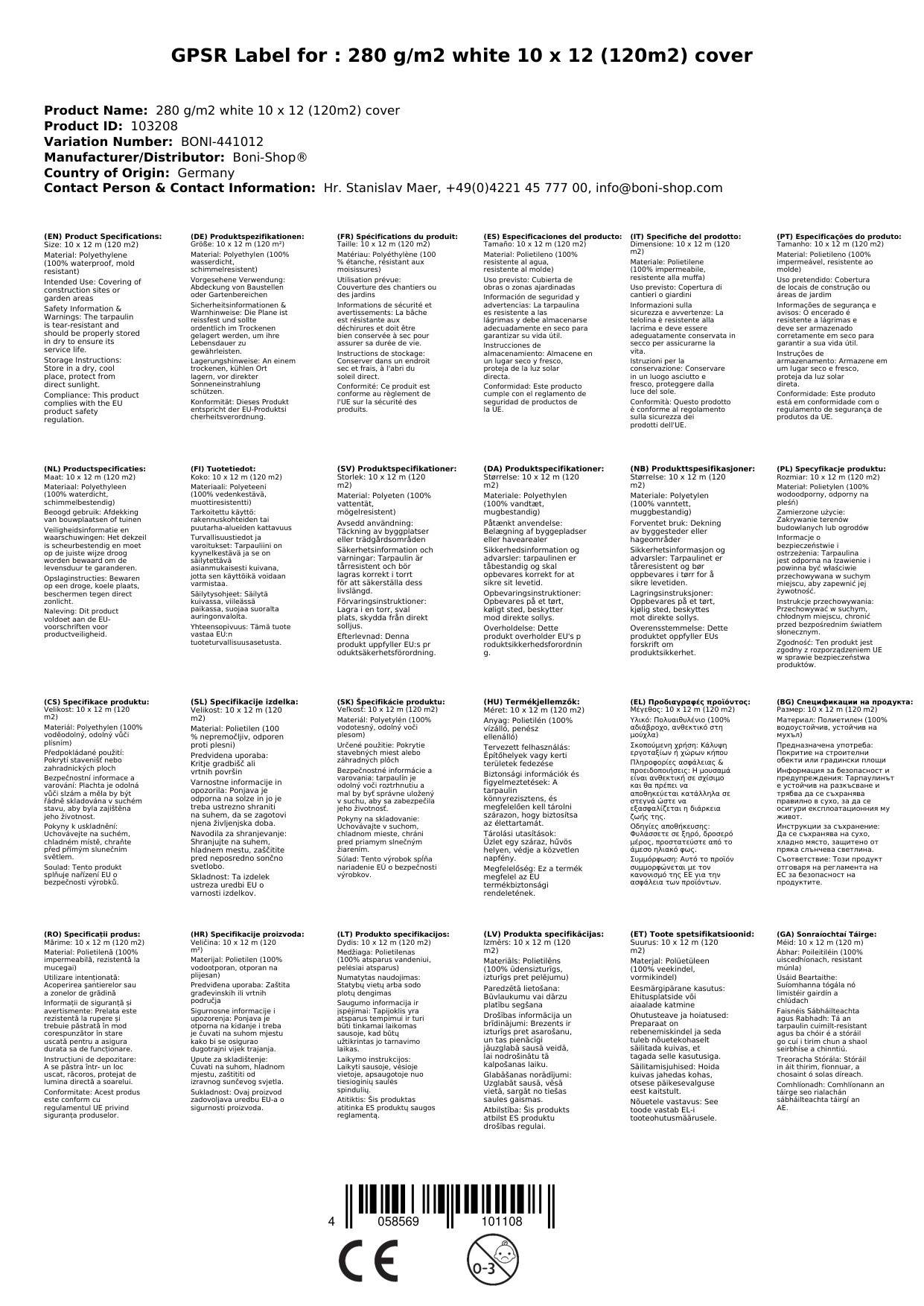 Abdeckplane 10x12m, 280 g/m², 120m², Gewebeplane, Schutzplane, Weiß