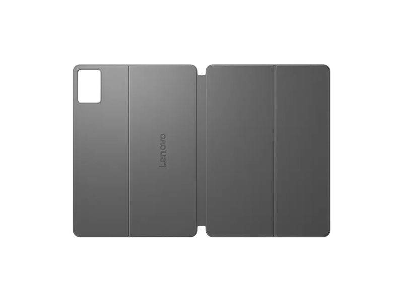 Graue Lenovo-Tablet-Foliohülle geschlossen mit Kameraausschnitt und klappbaren Abdeckungspanelen.