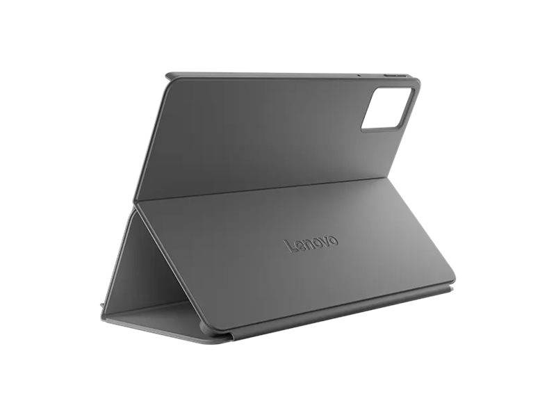 Graues Lenovo-Tablet-Case im Ständermodus dargestellt, mit der hinteren Abdeckung gefaltet, um das Gerät zu stützen.
