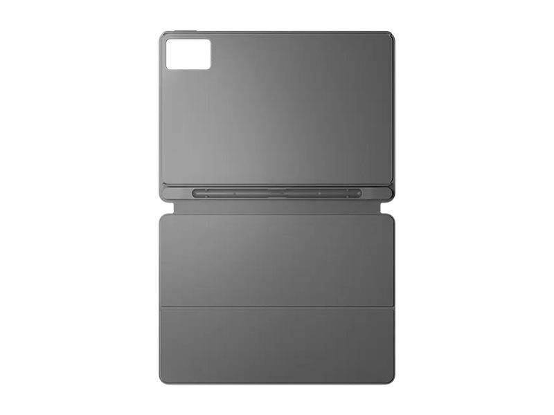 Ein geschlossenes graues Tablet-Etui mit einer kleinen weißen quadratischen Aussparung in der Nähe der oberen linken Ecke und einem unteren ausklappbaren Deckelteil oder Ständerabschnitt.