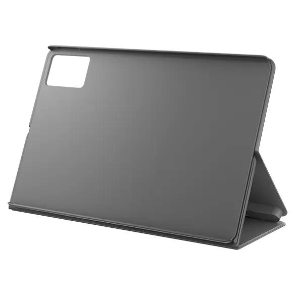Graue Tablet- oder Laptop-Schutzhülle mit klappbarem Ständer, geschlossen auf schwarzem Hintergrund dargestellt.