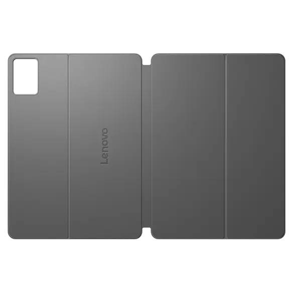 Grauer Lenovo-Tablet-Folio-Schutzcase, geschlossen abgebildet, mit Kameraausschnitt und Faltkanten auf schwarzem Hintergrund.