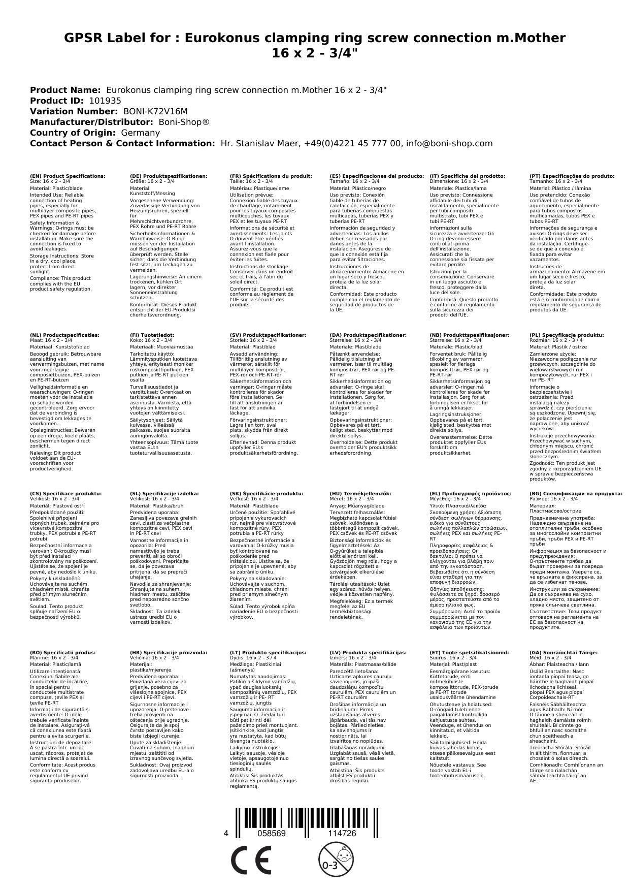 Klemmringverschraubung 16x2, Eurokonus 3/4 Zoll, Heizung