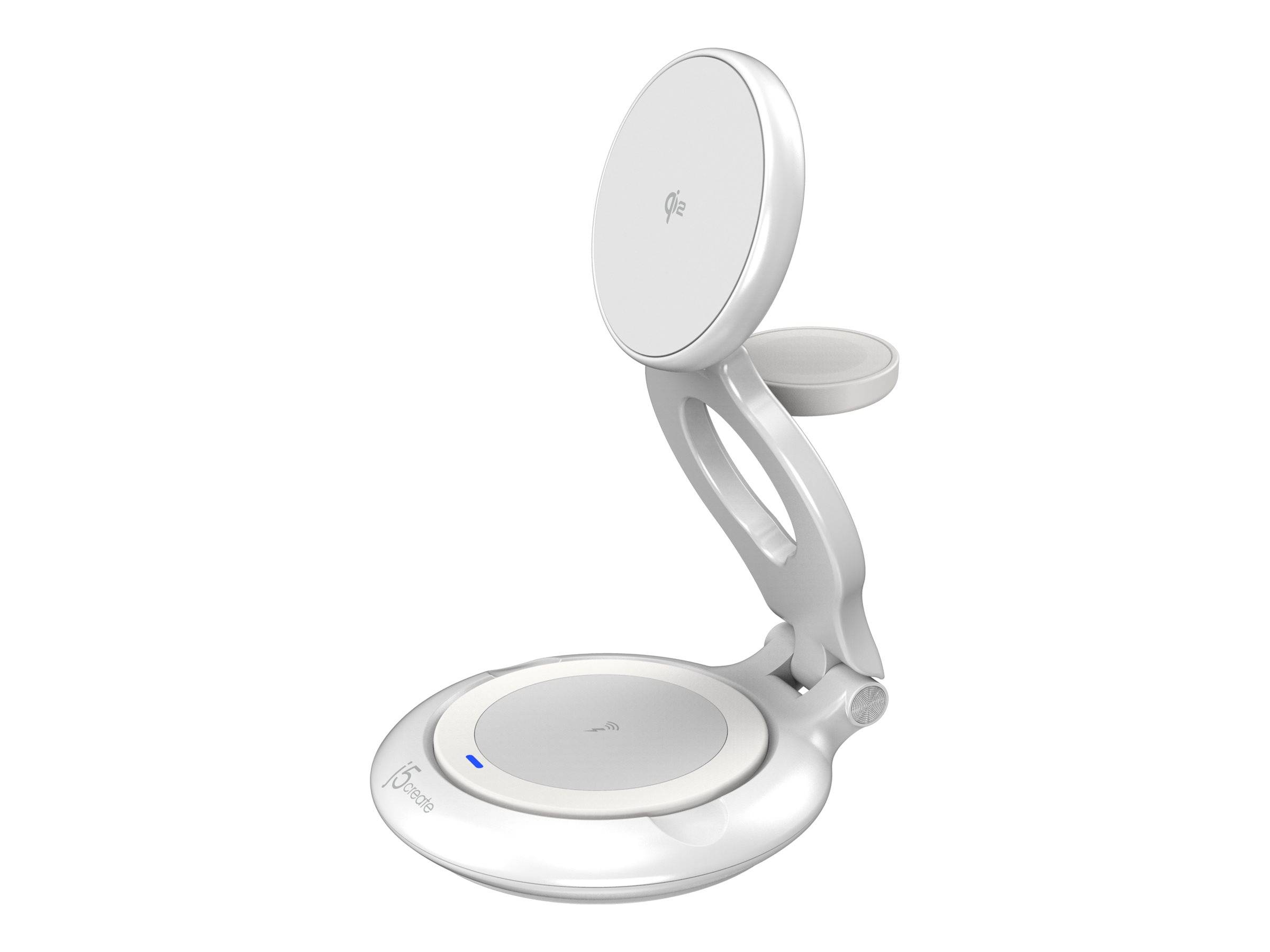 Weißes faltbares 2-in-1-Wireless-Ladegerät mit kreisförmiger Basis und erhöhtem magnetischem Telefonständer, vor einem neutralen Hintergrund dargestellt.