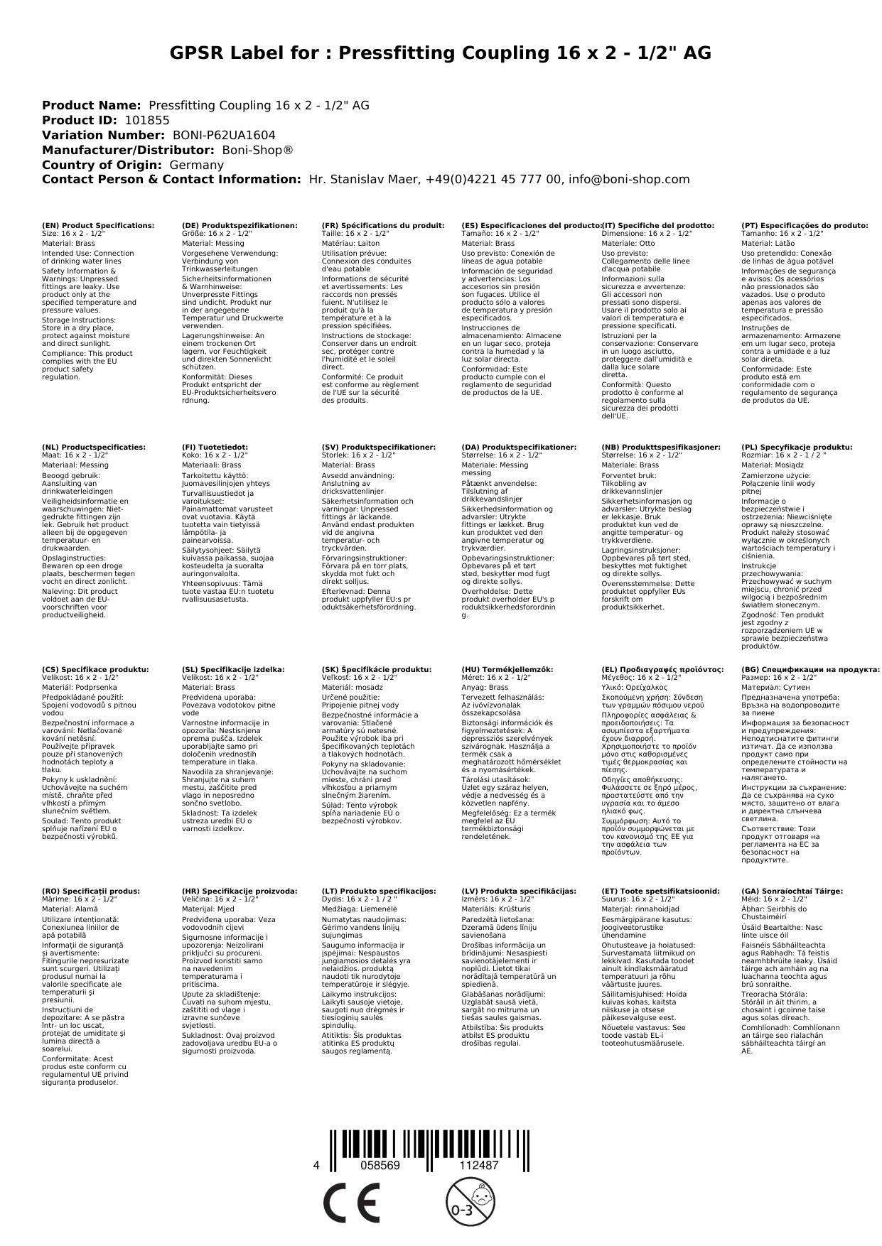 Pressfitting Kupplung 16mm x 1/2 Zoll AG, Verbundrohr Fitting kaufen