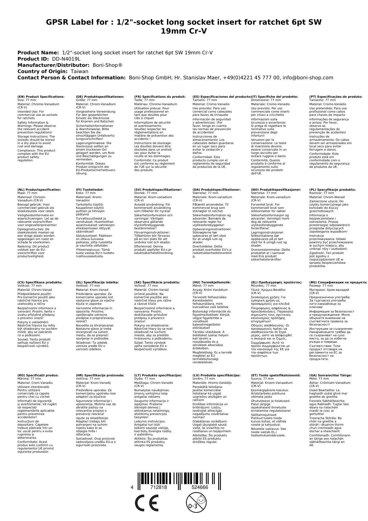Stecknuss 19mm, 1/2 Zoll, Langnuss, Knarre, Ratsche, 6pt, Cr-V