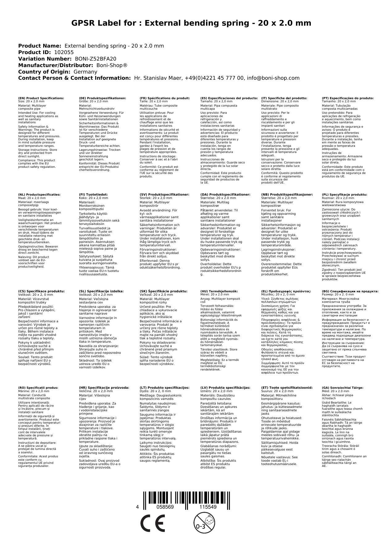 Biegefeder 20x2,0 mm, Außenbiegefeder für Verbundrohr