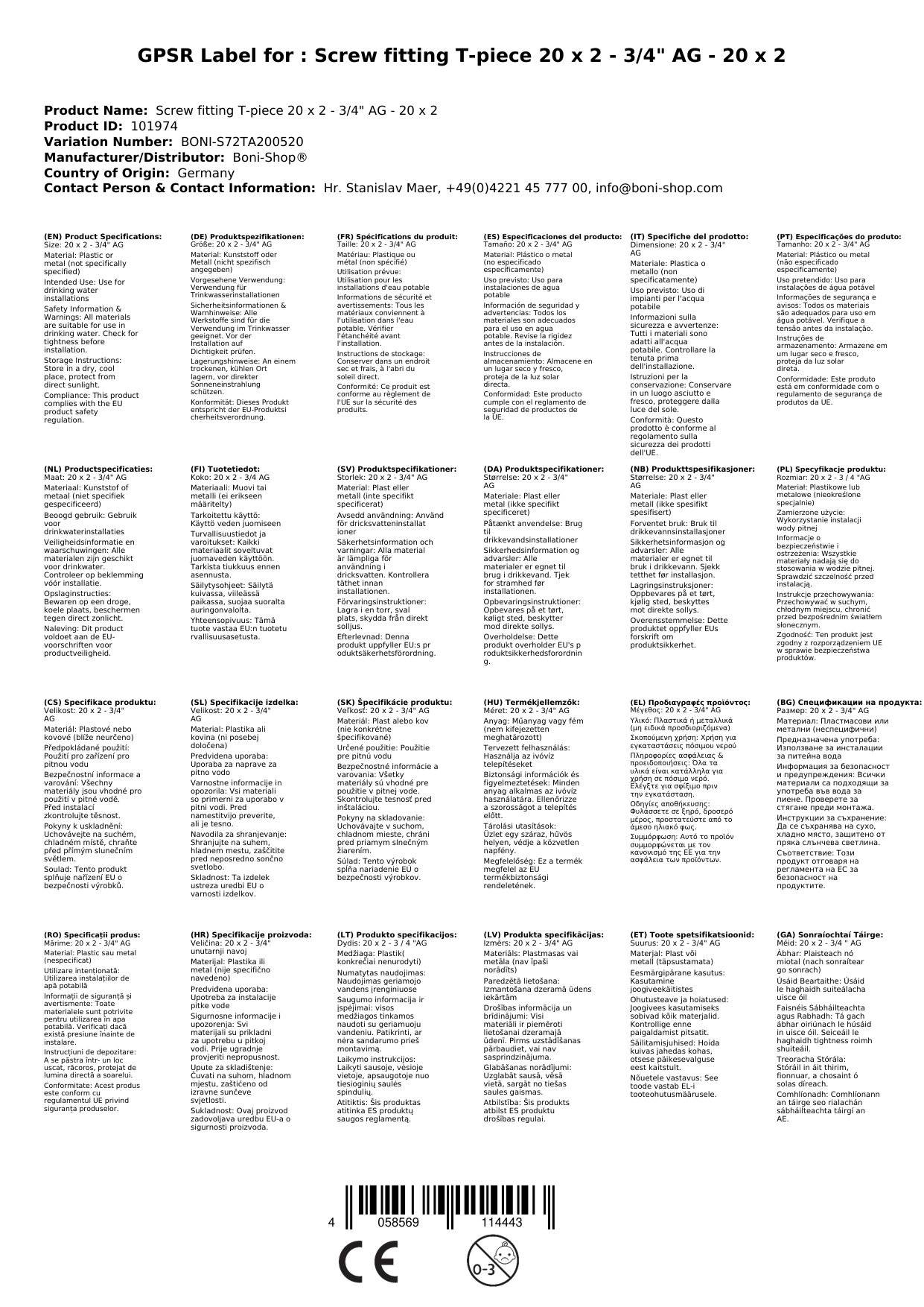 Schraubfitting T-Stück, 20mm, Außengewinde, Boni