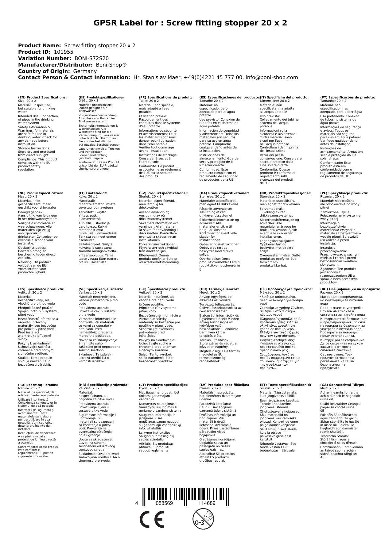 Schraubfitting Stopfen 20mm, Rohr Stopfen, Verschlussstopfen
