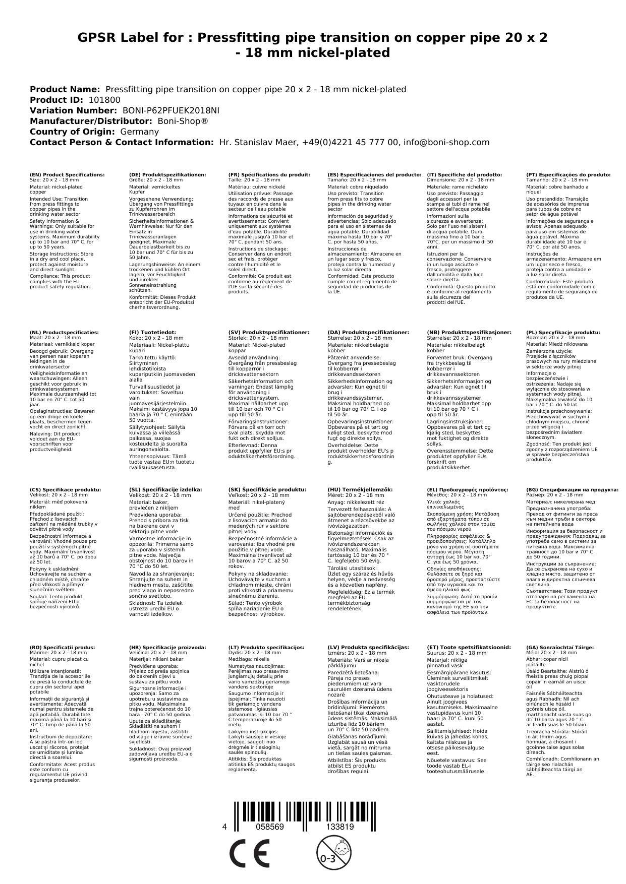 Pressfitting Kupferrohr, 20 x 18 mm, Übergang, vernickelt, DVGW