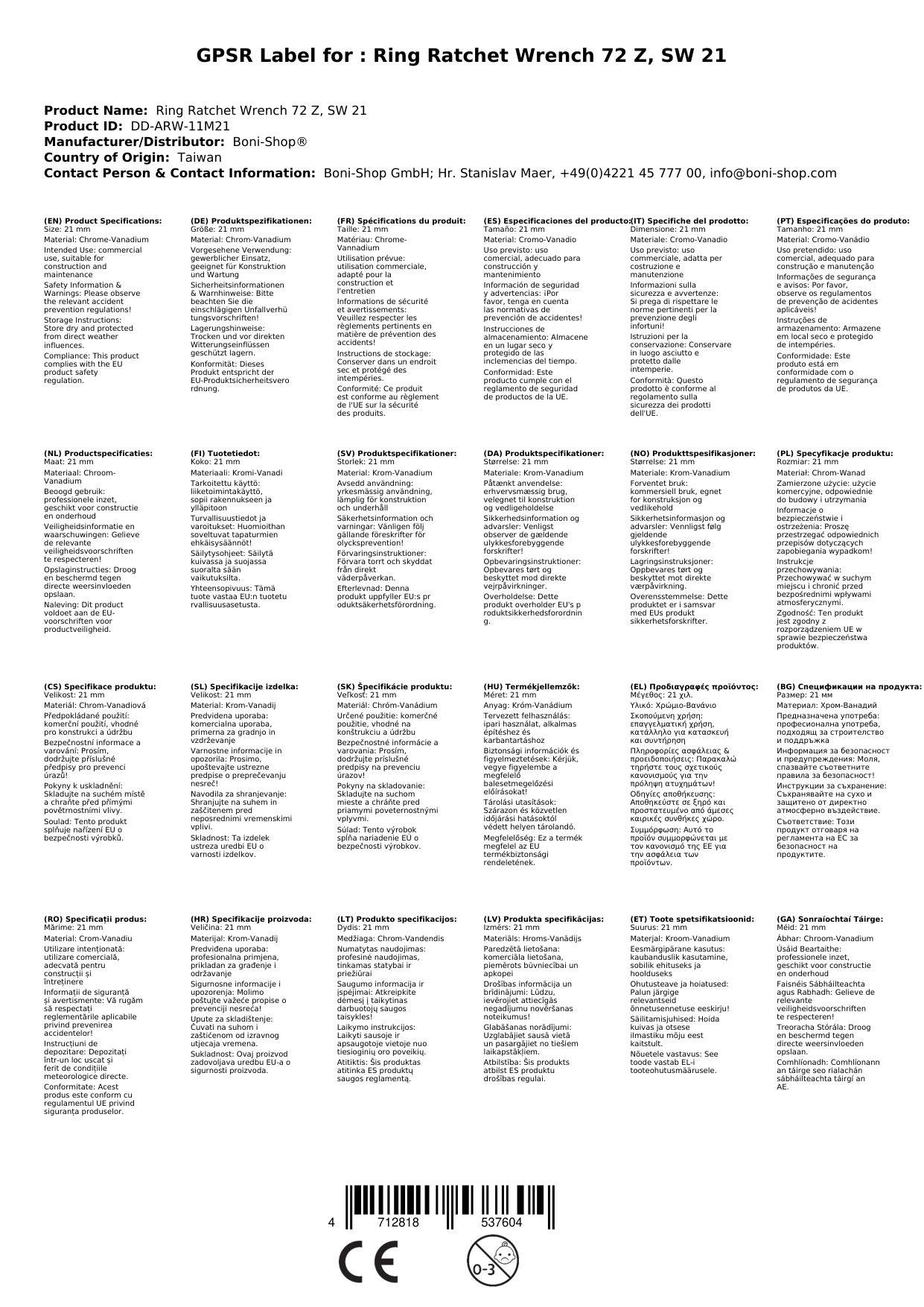 Ringratschenschlüssel 21mm, Ratschenschlüssel, feinverzahnt, Chrom Vanadium