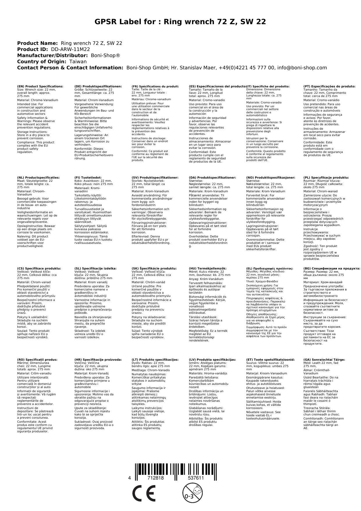 Ratschenschlüssel 22 mm, Ringratschenschlüssel, 72 Zähne, Industrie Qualität