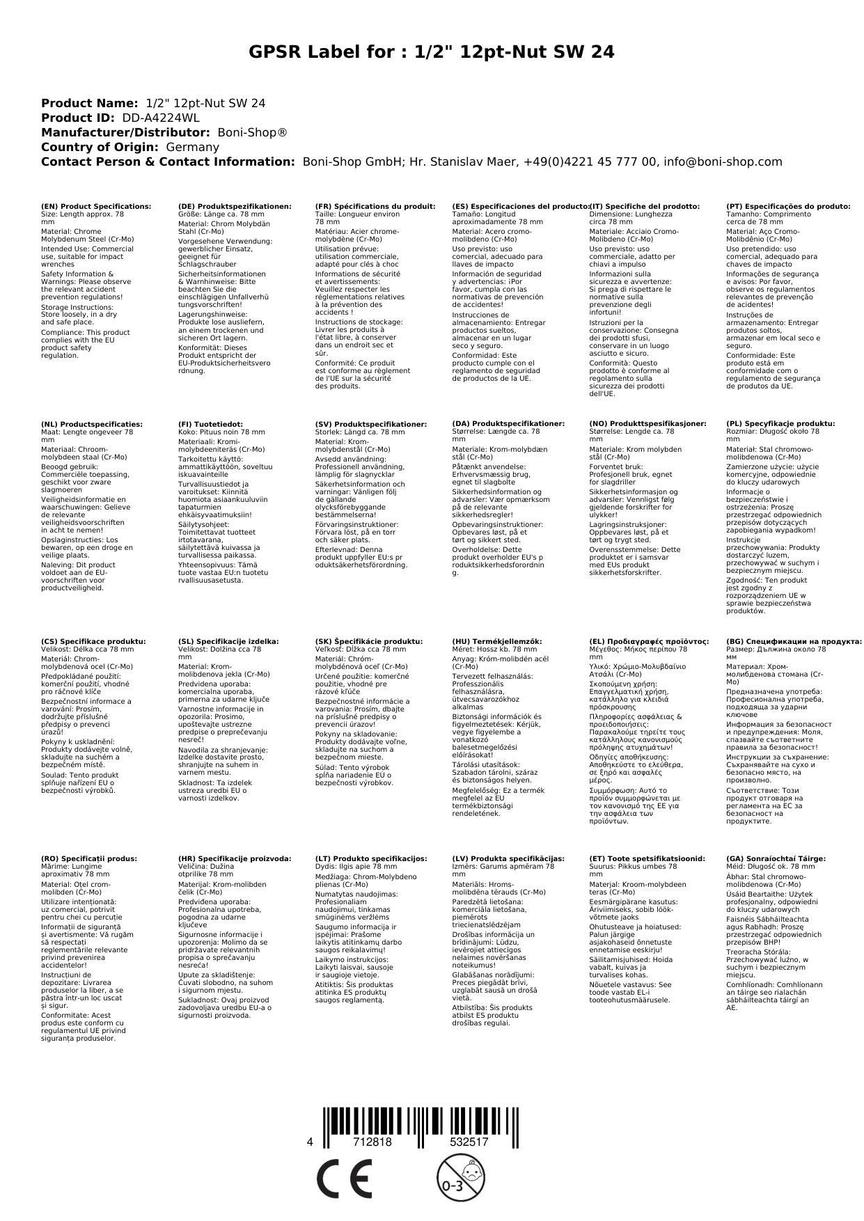 Stecknuss 24mm, Schlagschraubernuss 1/2 Zoll, 12 Kant, SW 24