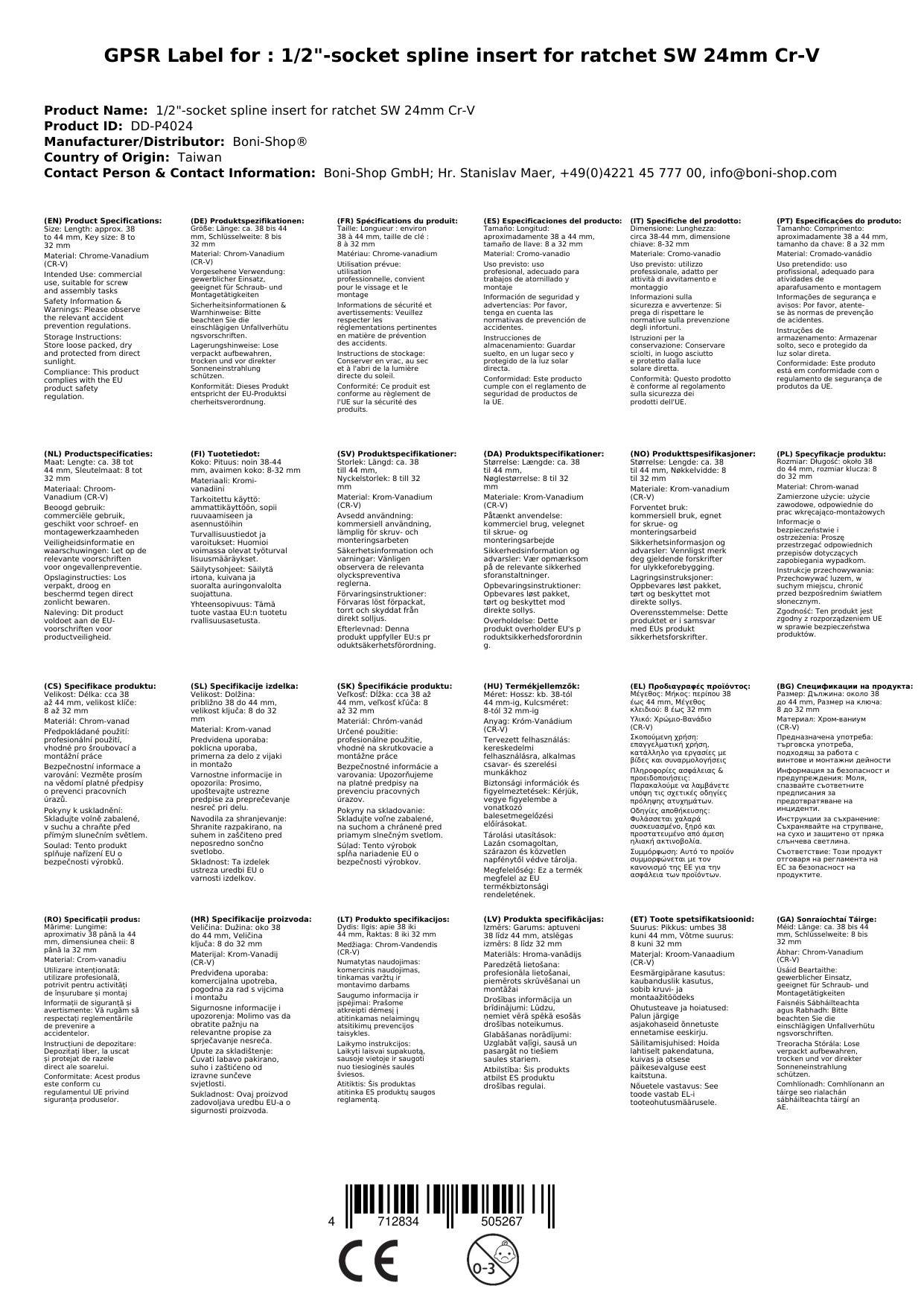 Stecknuss 24mm, 1/2 Zoll, Vielzahn Nuss, Cr-V, Nuss für Ratsche