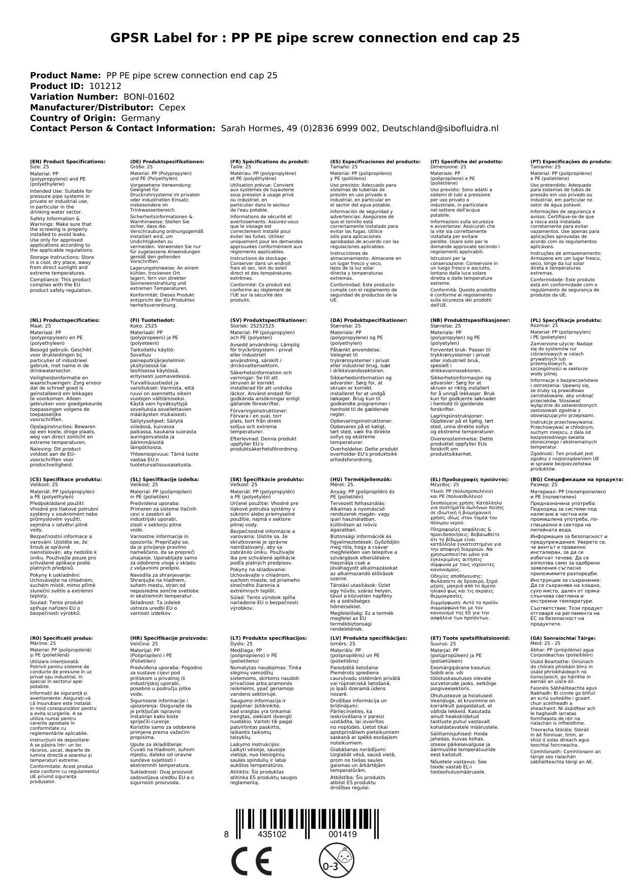 PE Rohr Verschraubung, Endkappe 25mm, Klemmfitting, Trinkwasser, PP/PE