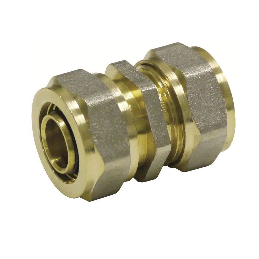 Ein Messingkompressverschraubung mit Sechskantmuttern an jedem Ende, verwendet zum Verbinden von Rohren oder Schläuchen in Sanitärsystemen.