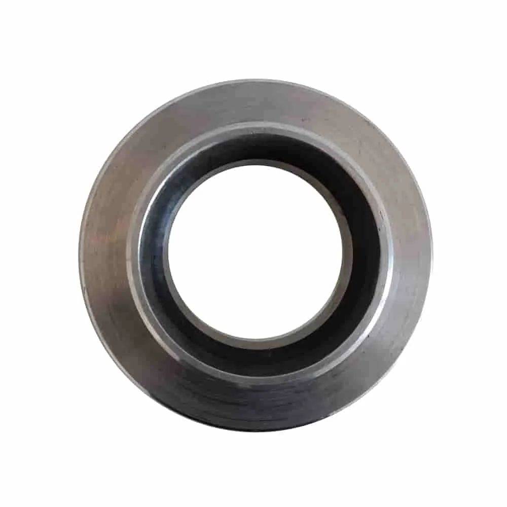 Ein metallisches kreisförmiges Objekt mit einem zentralen Loch, möglicherweise ein Lager oder eine Unterlegscheibe, vor weißem Hintergrund dargestellt.