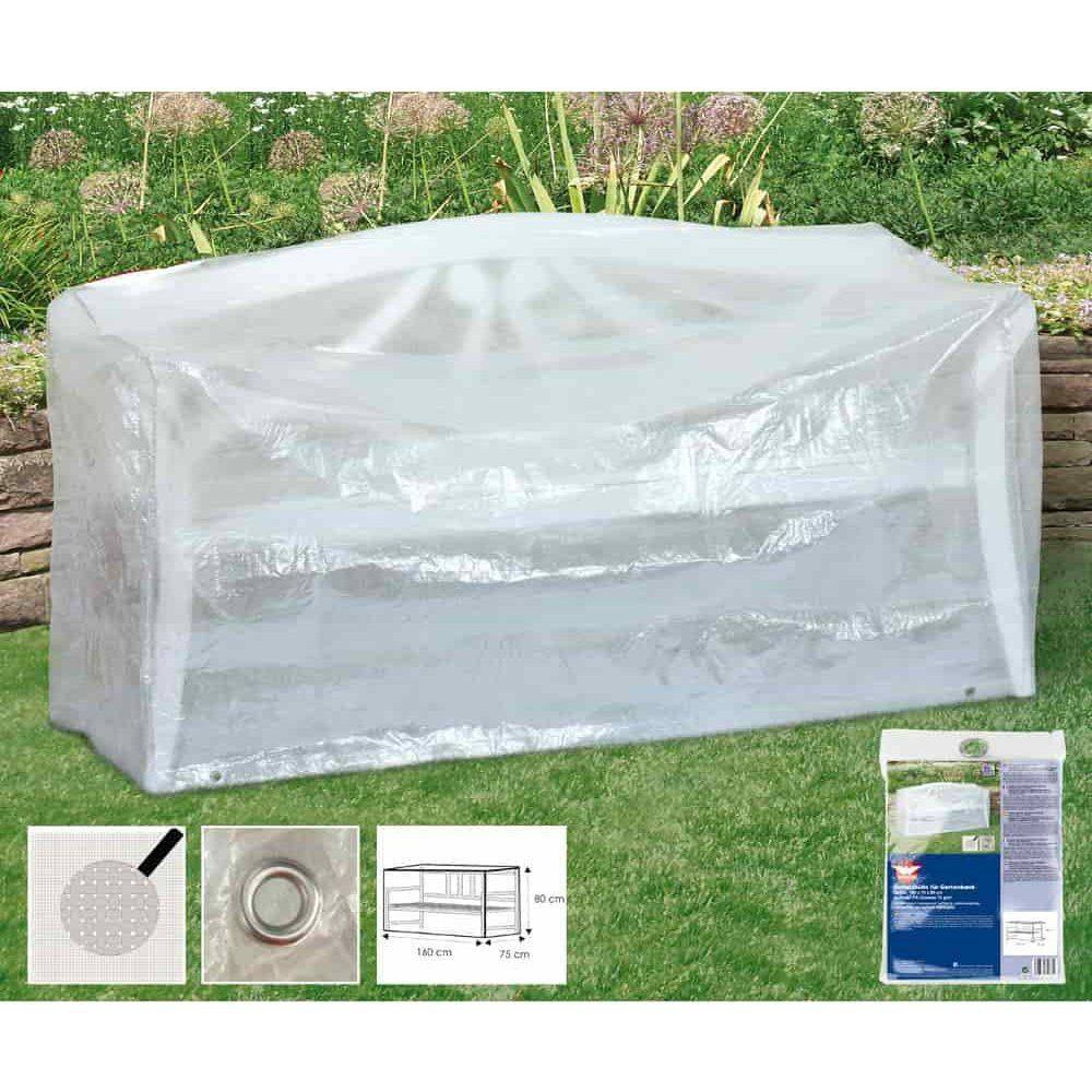 Wetterfeste Gartenbankauflage, die über einer Bank auf Gras platziert ist, mit Verpackung und Abmessungen im Vordergrund: 150x75 cm.
