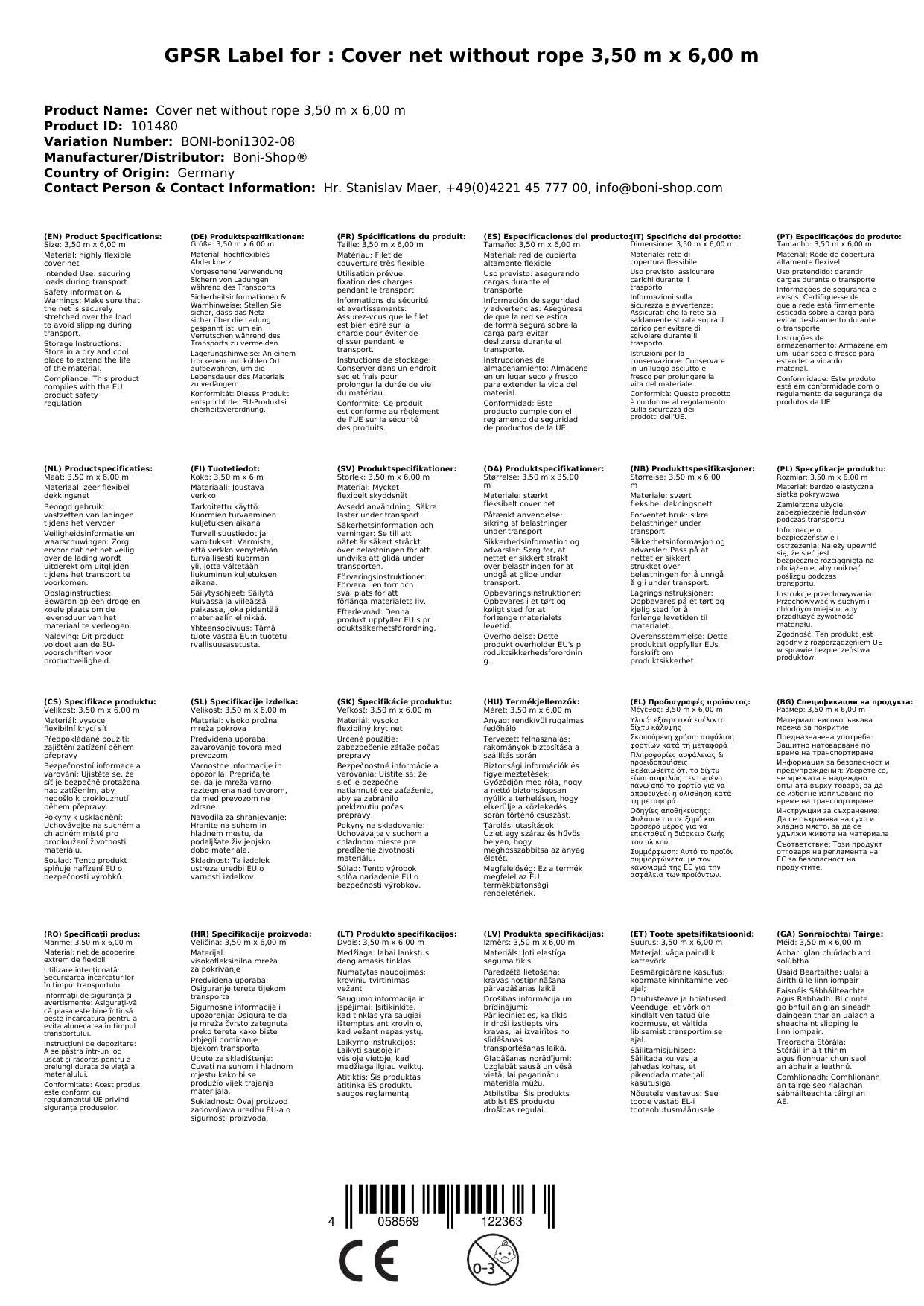 Abdecknetz 3,50 m x 6,00 m, knotenlos, Ladungssicherungsnetz
