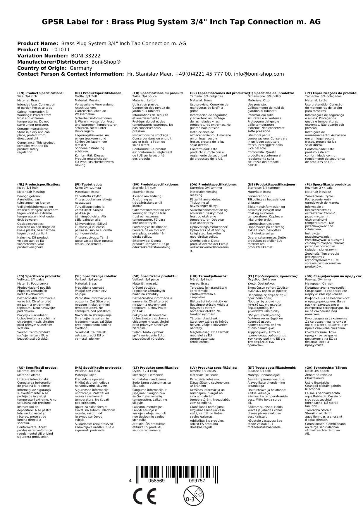 Wasserhahnanschluss 3/4 Zoll, Messing Stecksystem, Hahn Anschluss BONI, Schnellkupplung