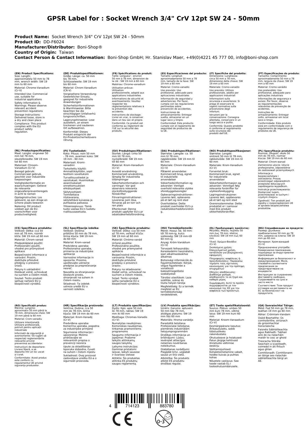 3 4 Zoll Nuss, Steckschlüssel Nuss, SW 24, 50mm, CrV, 12-kant