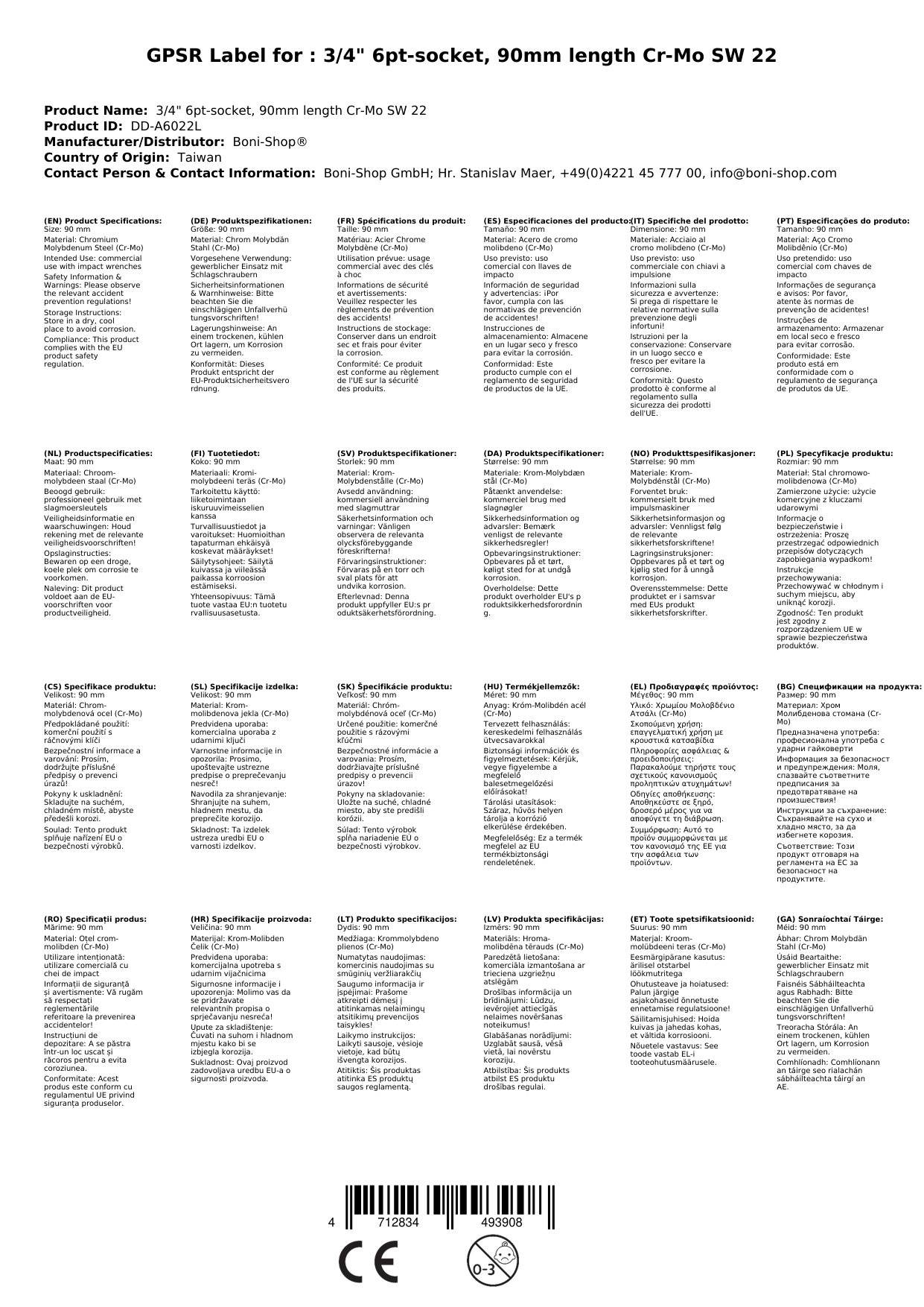 3 4 zoll Nuss, SW22 Schlagschraubernuss, Cr-Mo Kraftnuss