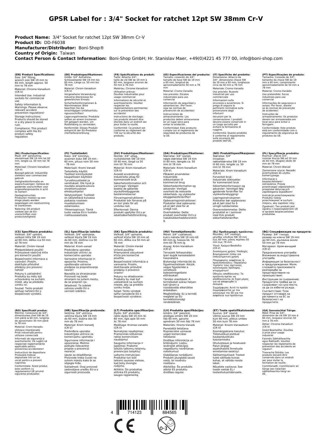 Stecknuss 3 4, 38mm, 12-Kant, Cr-V Stecknuss für Knarre, Ratsche