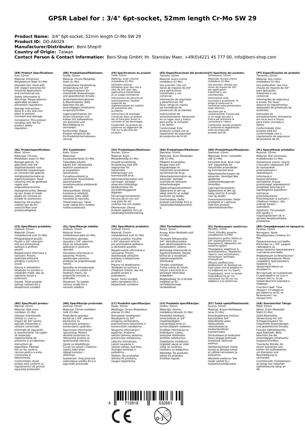 3 4 zoll Nuss, Schlagschraubernuss, Cr-Mo SW 29, 52mm
