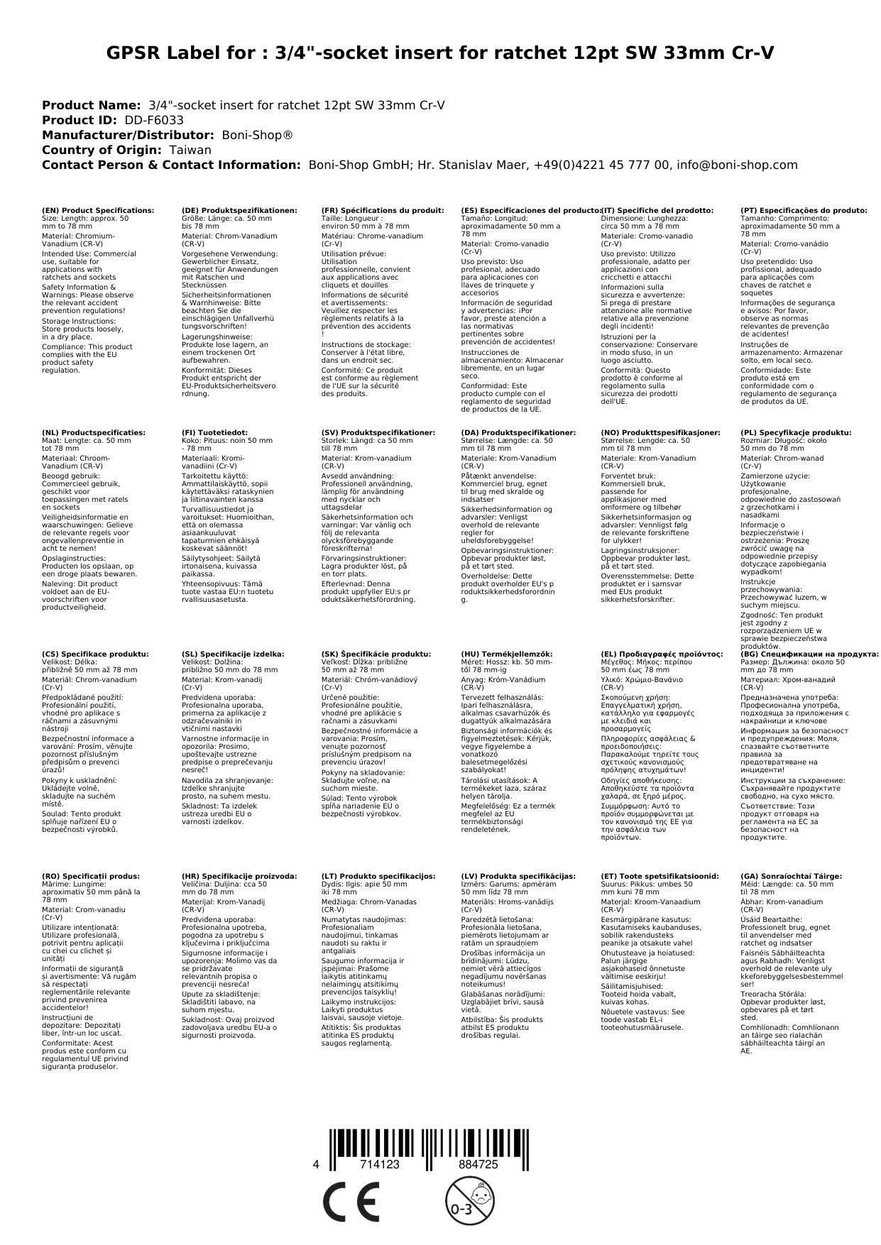 3/4 Zoll Nuss 33mm, Cr-V Stecknuss, 12-Kant