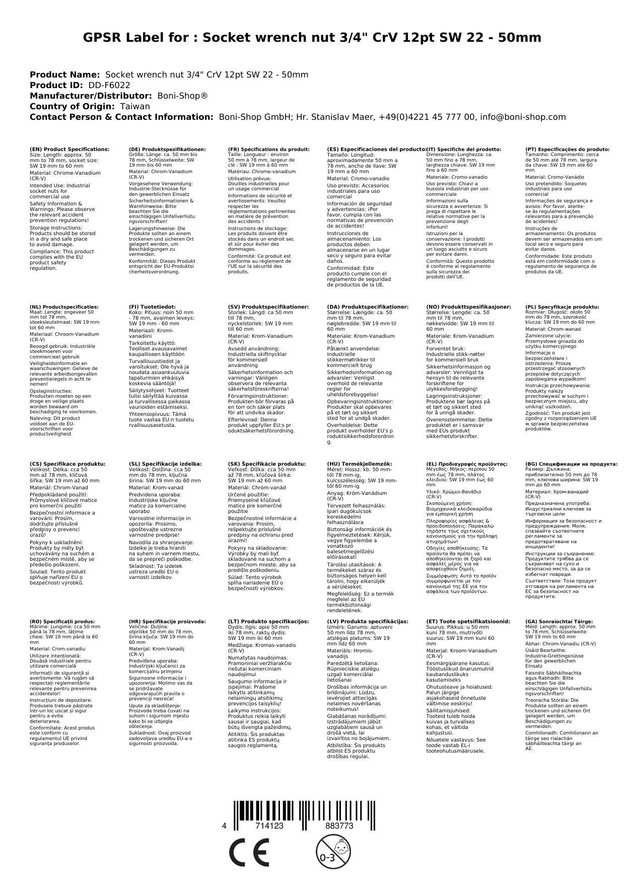 3 4 zoll nuss, Steckschlüssel Nuss, 22mm, CrV, 12 Kant