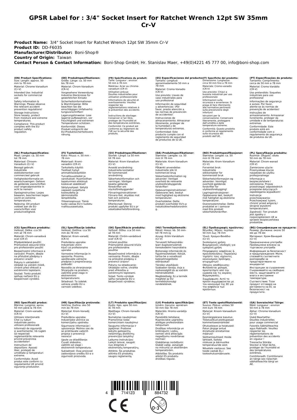 Stecknuss 3/4 Zoll, 35mm, 12 Kant, Cr-V Werkzeug Stecknuss