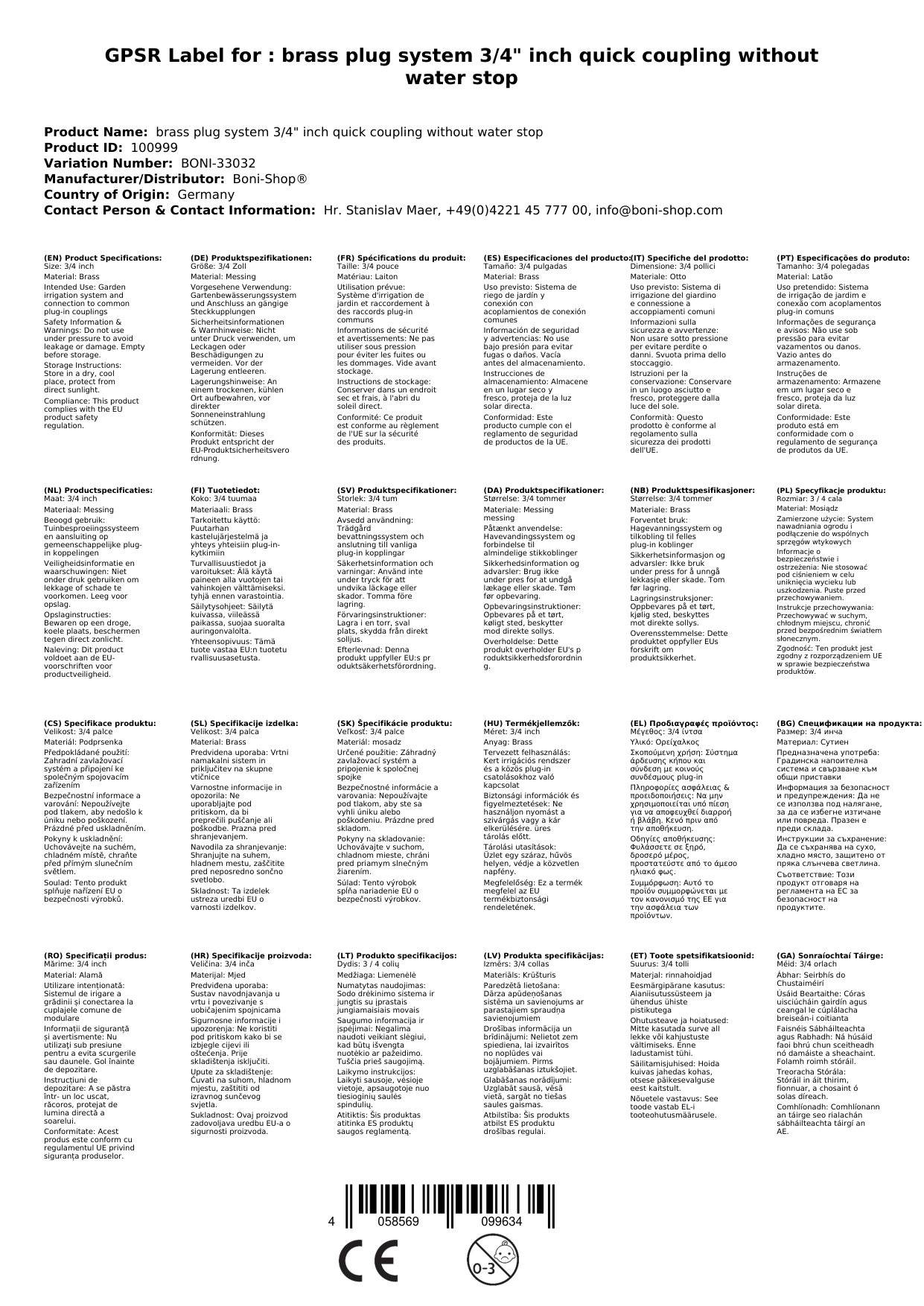 Messing Stecksystem 3/4" Zoll Schnellkupplung ohne Wasserstop